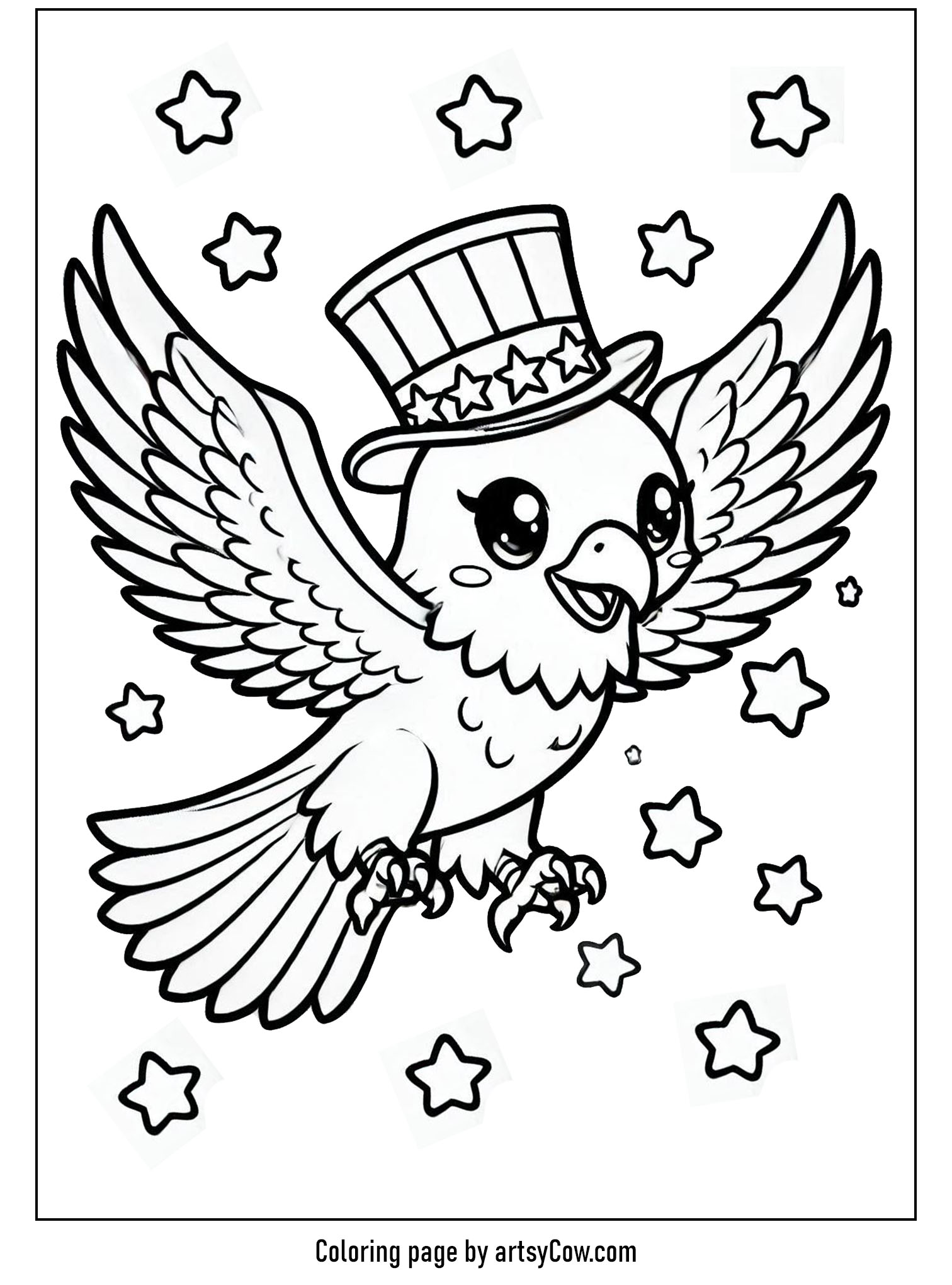Presidents Day Coloring Pages featuring a cute bald eagle silhouette wearing a star-decorated hat, surrounded by stars.